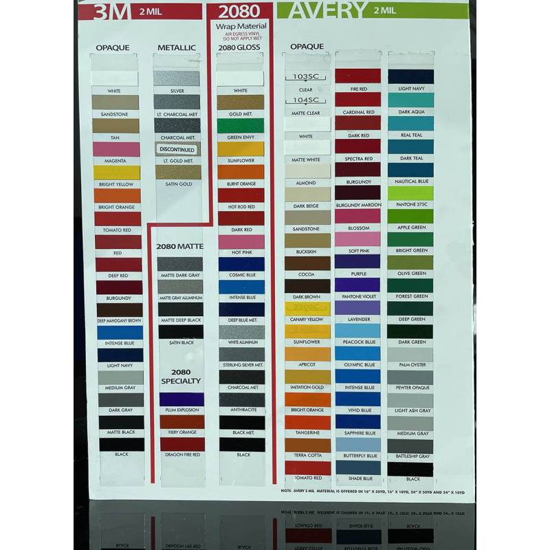3M & Avery Vinyl Pinstripe Tape Color Chart